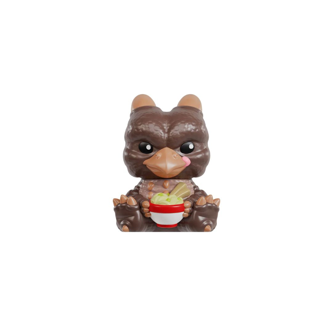 Brown animal‑style collectible figurine holding a red bowl, centered on a white background