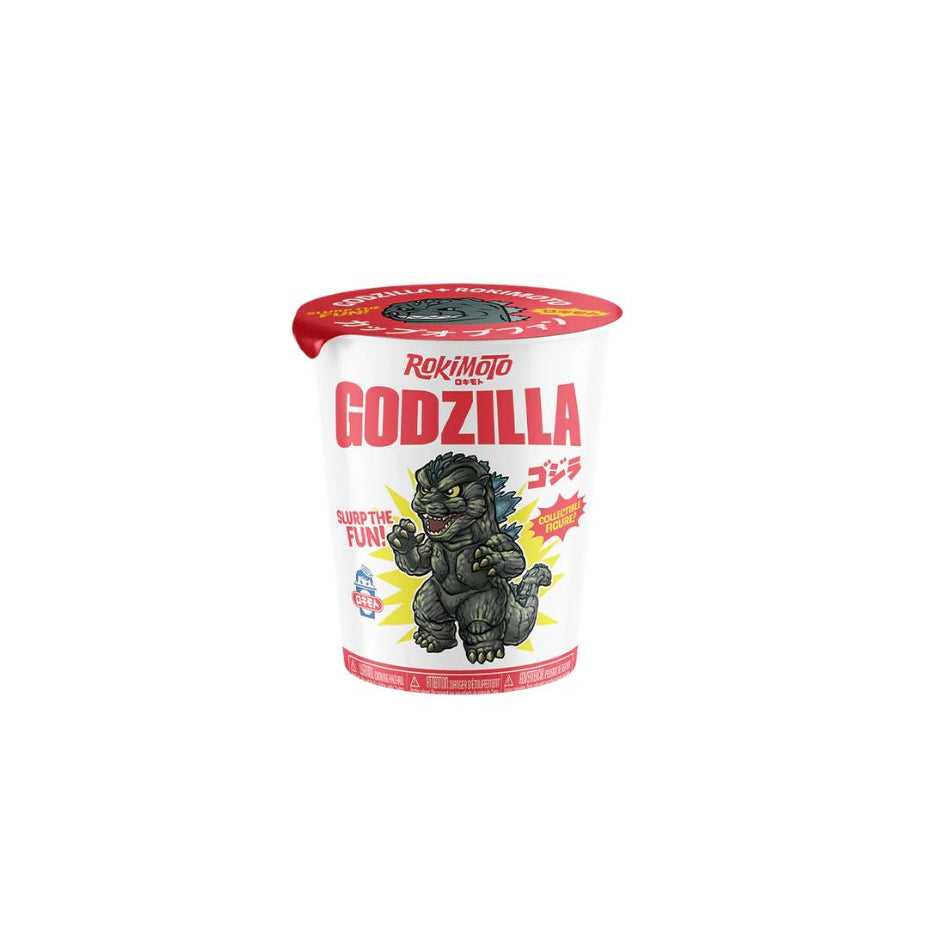 White cup labeled ‘Rokimoto Godzilla’ featuring a cartoon Godzilla illustration, shown on a white background