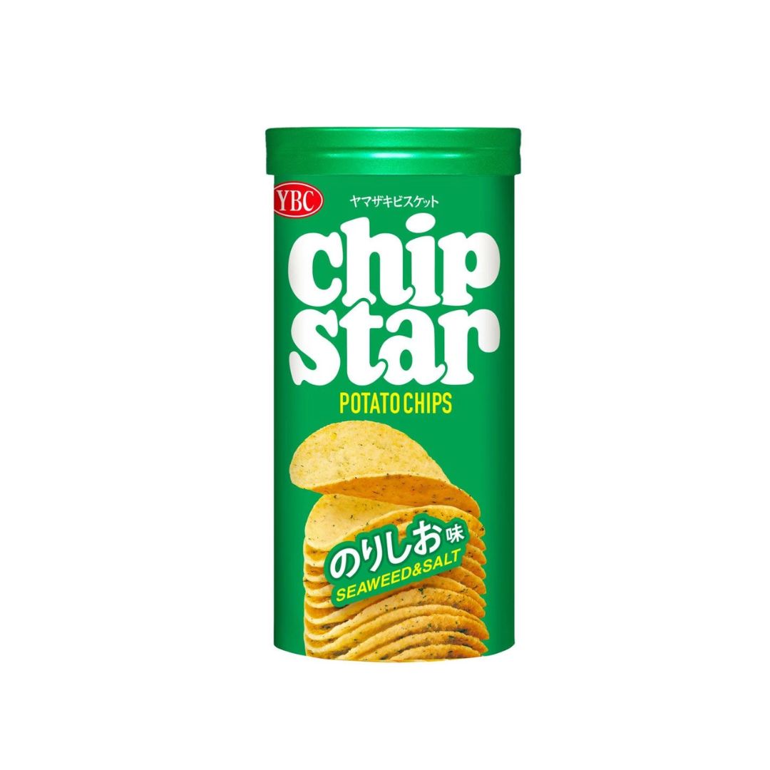 Green cylindrical can of Chip Star potato chips labeled ‘Seaweed & Salt,’ shown on a white background.