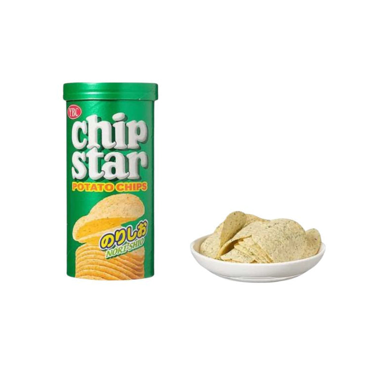 Green can of Chip Star potato chips next to a small white bowl filled with potato chips on a white background