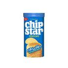 Blue cylindrical can of Chip Star potato chips labeled ‘Butter & Soy Sauce,’ shown on a white background