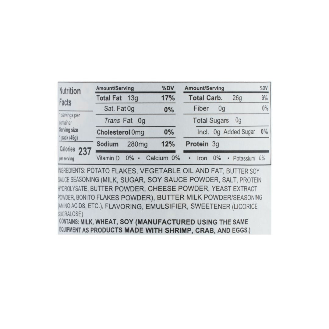 Nutrition Facts label listing calories, nutrients, ingredients, and allergen information