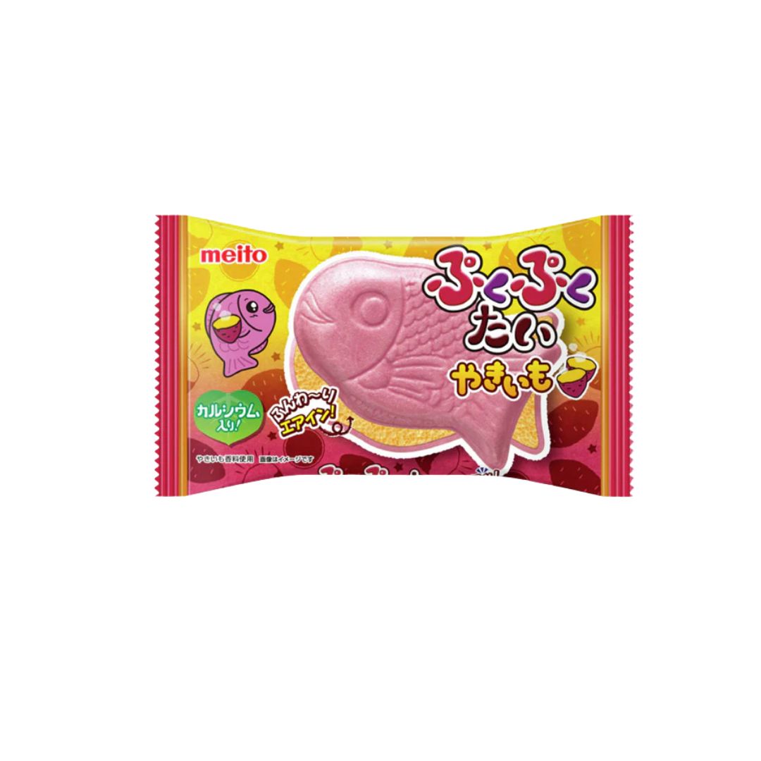 Colorful Japanese snack package featuring a pink fish‑shaped candy on a white background.