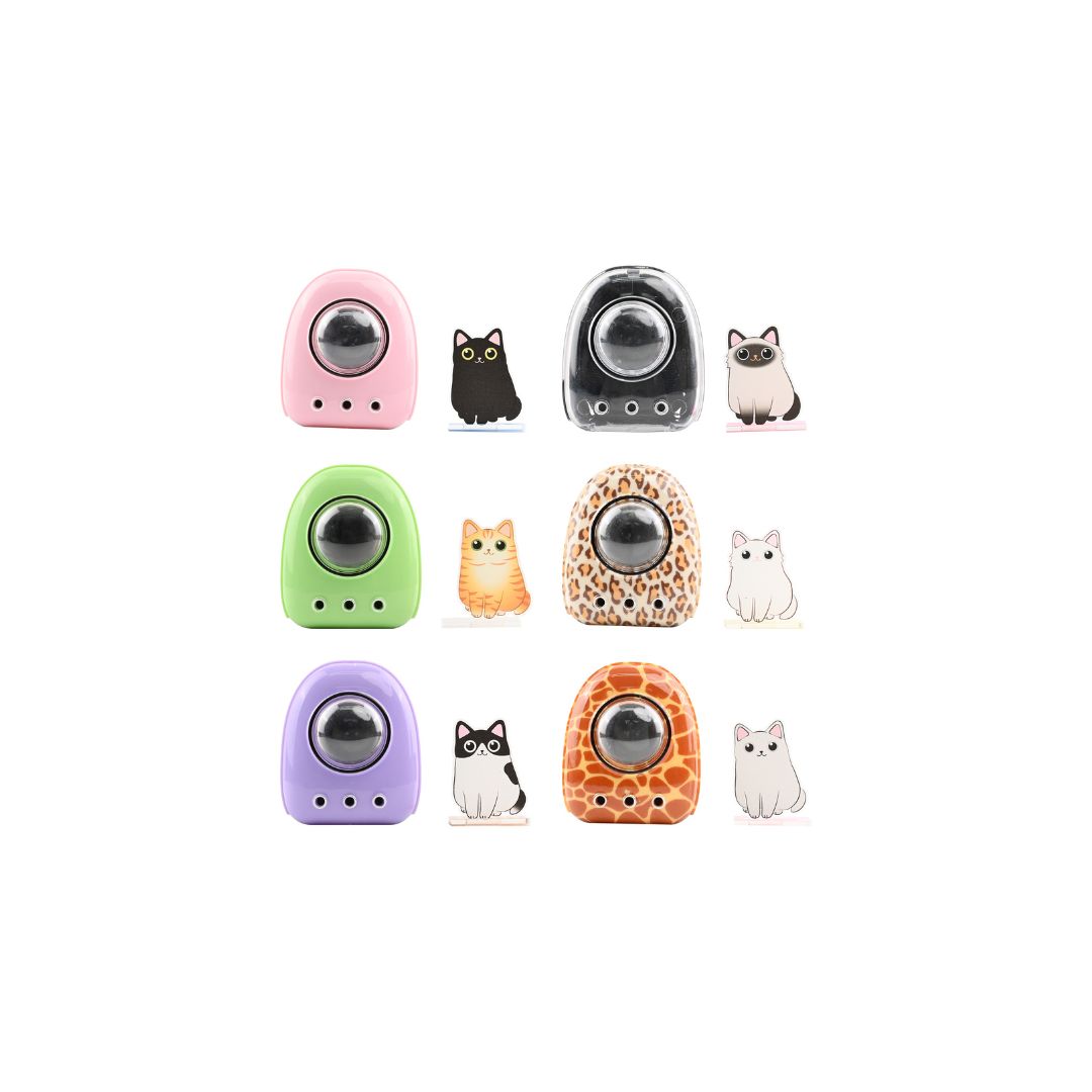 Nine small cat‑themed collectible devices and matching cat character figures arranged in three rows on a white background.