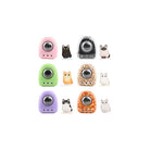 Nine small cat‑themed collectible devices and matching cat character figures arranged in three rows on a white background.