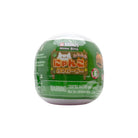 Green capsule toy labeled ‘Me Minis Meow Bites’ with Japanese text and a choking hazard warning, shown on a white background