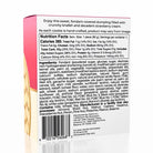 Back side of a pink and white square cookie package showing nutrition facts, ingredients, and a barcode, with a small photo of a strawberry cream-filled pastry on the lower left.