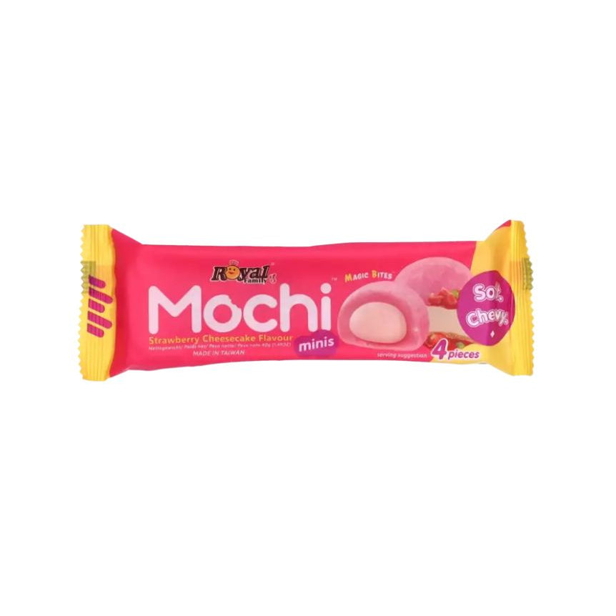 bright pink package of strawberry cheesecake–flavored mochi minis, labeled “Soft & Chewy,”