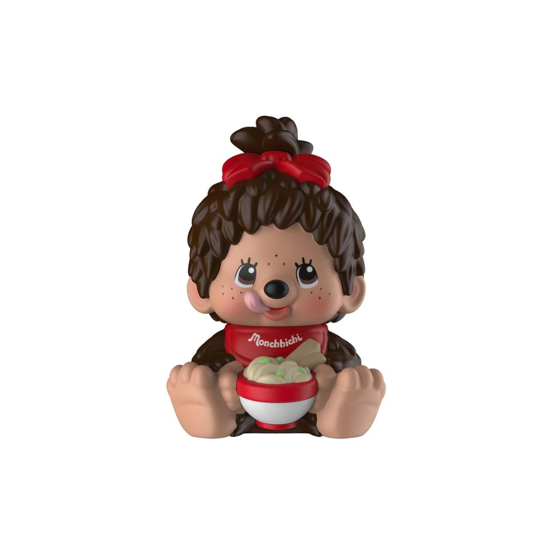 Small figurine with brown hair and a red bow, holding a bowl on a white background