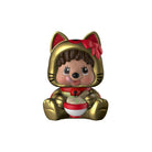 Figurine of a girl in a gold cat costume holding a bowl on a white background