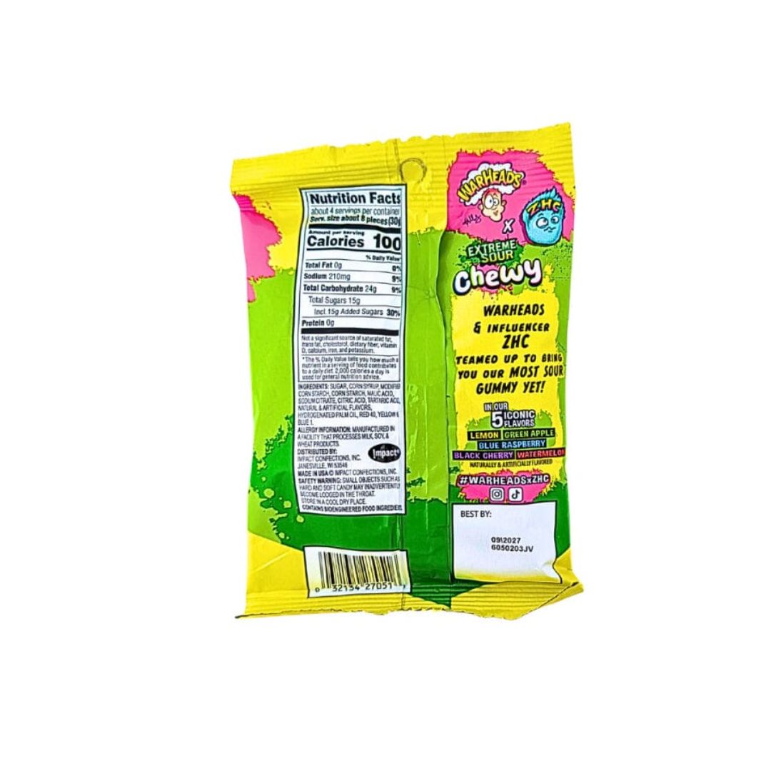 Back of a “Warheads Extreme Sour Chewy” candy bag showing nutrition facts, ingredients, product details, and barcode.