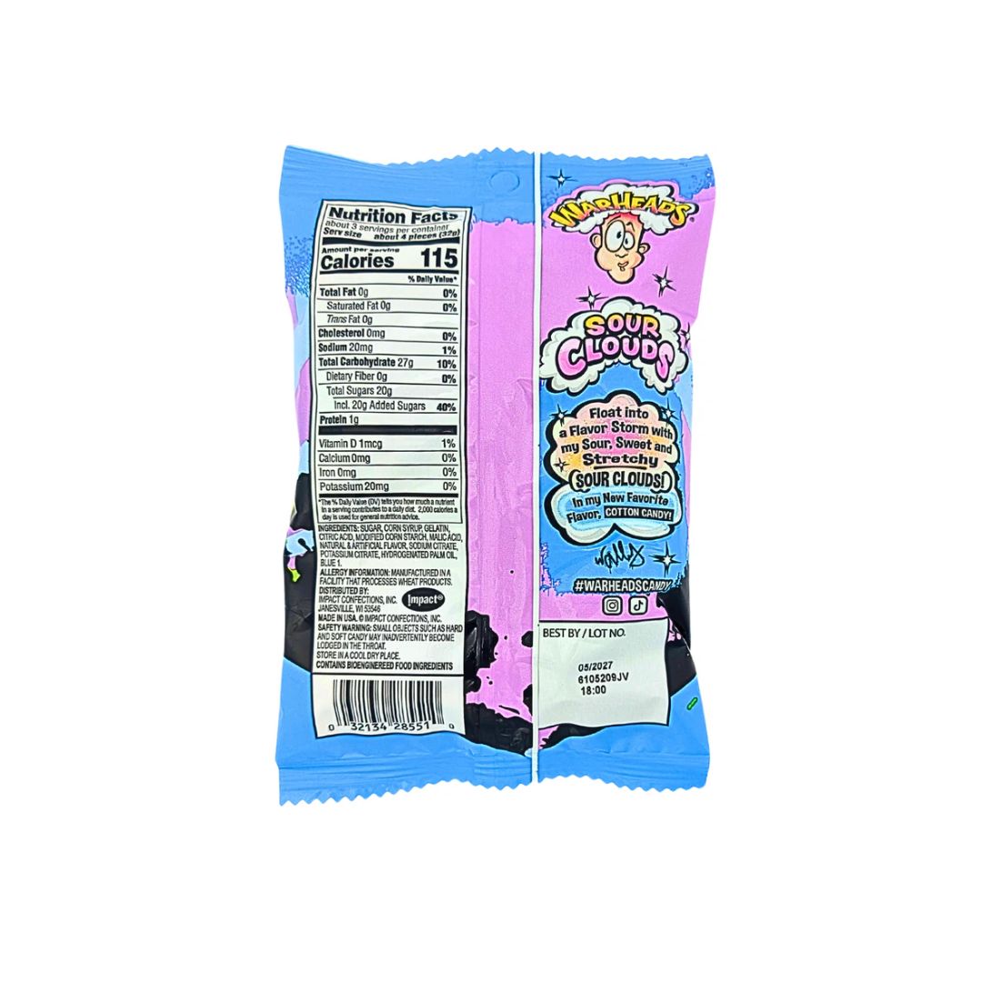 Back of a “Warheads Sour Clouds” candy bag showing nutrition facts, ingredients, product details, and barcode.