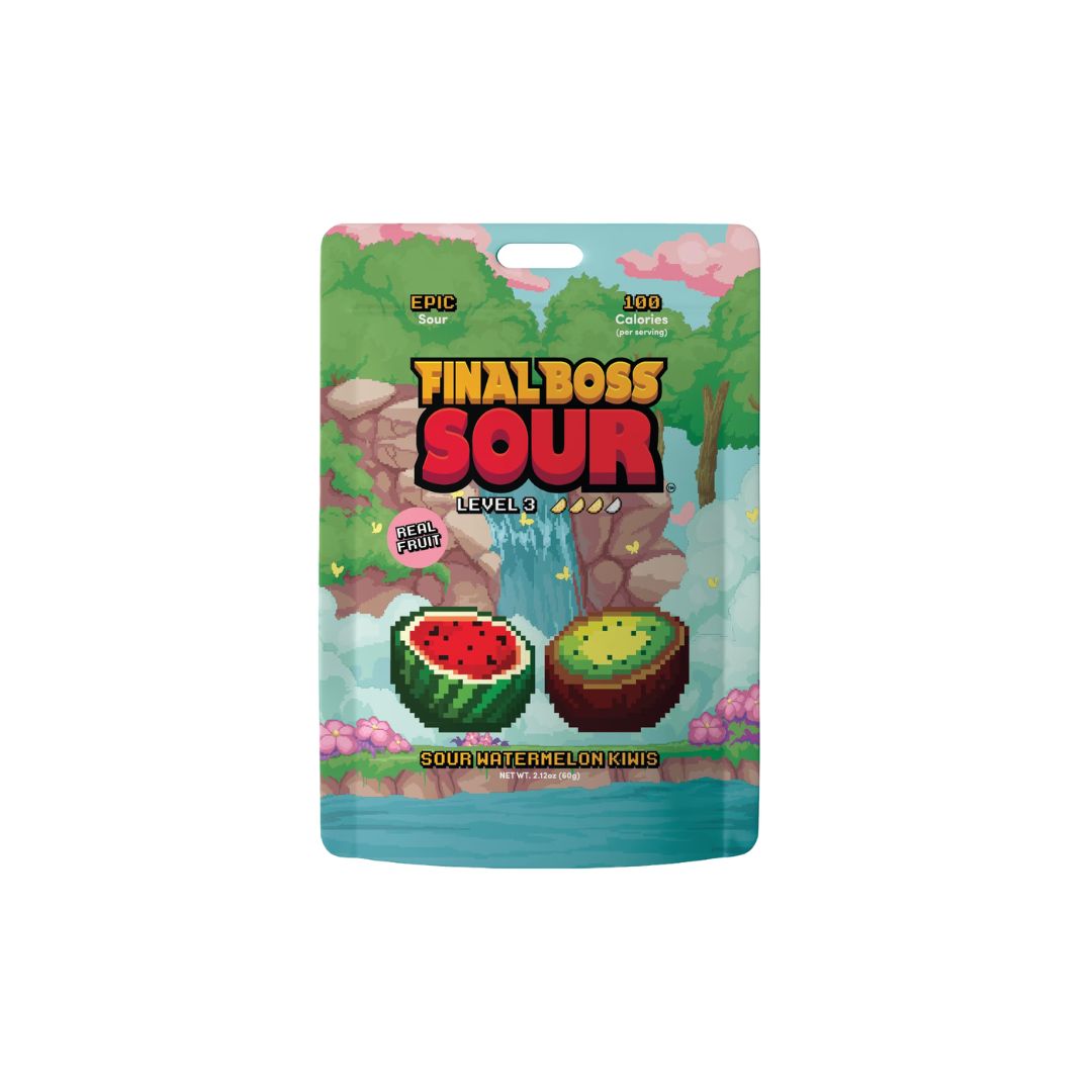 A colorful candy package labeled “Final Boss Sour Level 3” featuring illustrated watermelon and kiwi, with text indicating “Epic Sour,” “Real Fruit,” and “100 calories.”