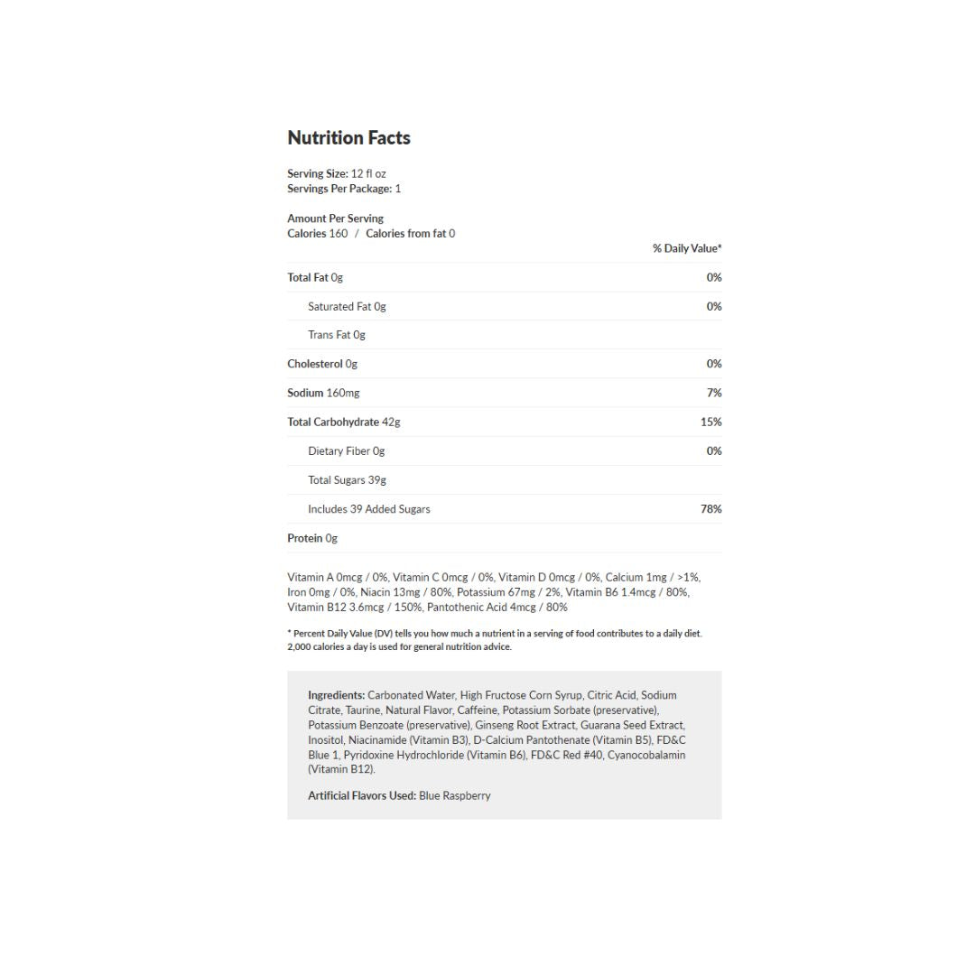 Nutrition facts label for an energy drink showing 160 calories, 42g carbohydrates with 39g added sugars, 160mg sodium, and ingredients including carbonated water, high fructose corn syrup, caffeine, and artificial blue raspberry flavor.