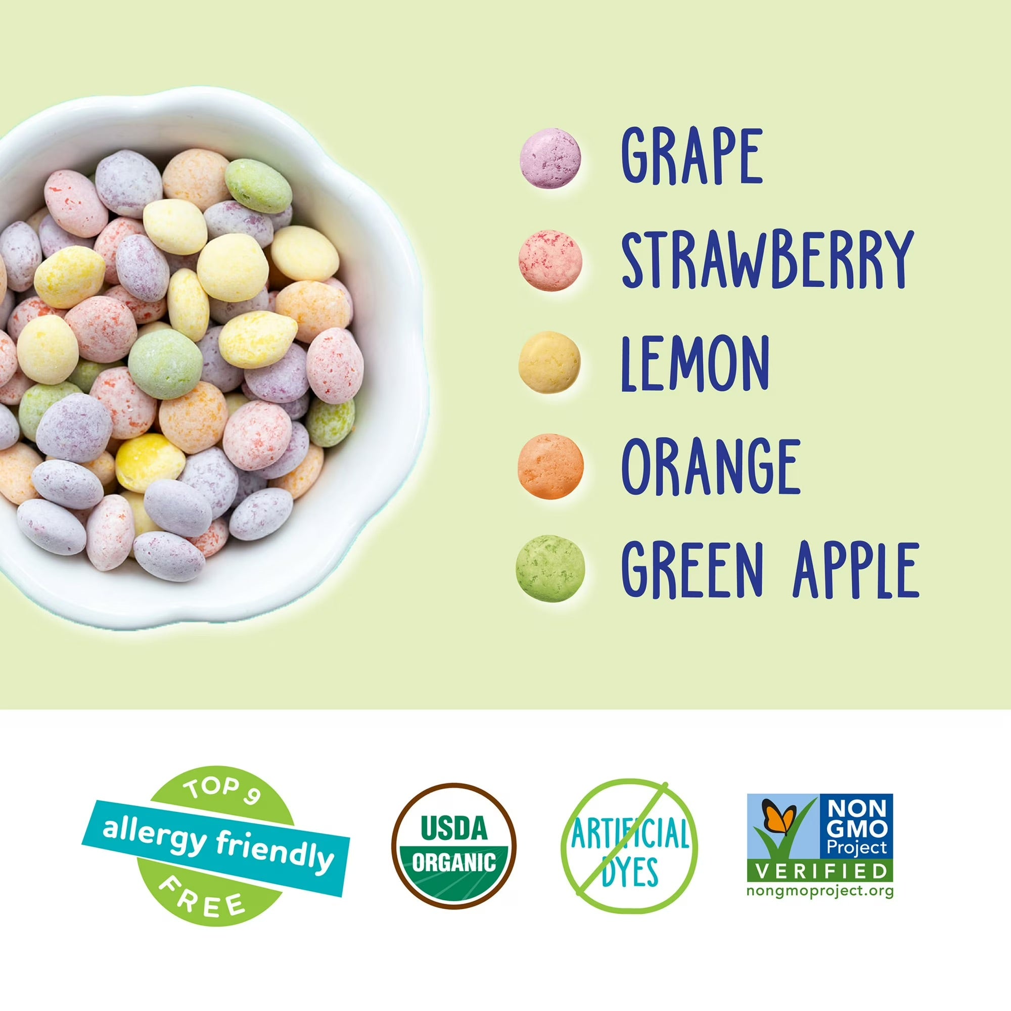 Colorful candy in a bowl with flavor options and certification logos on a light green background