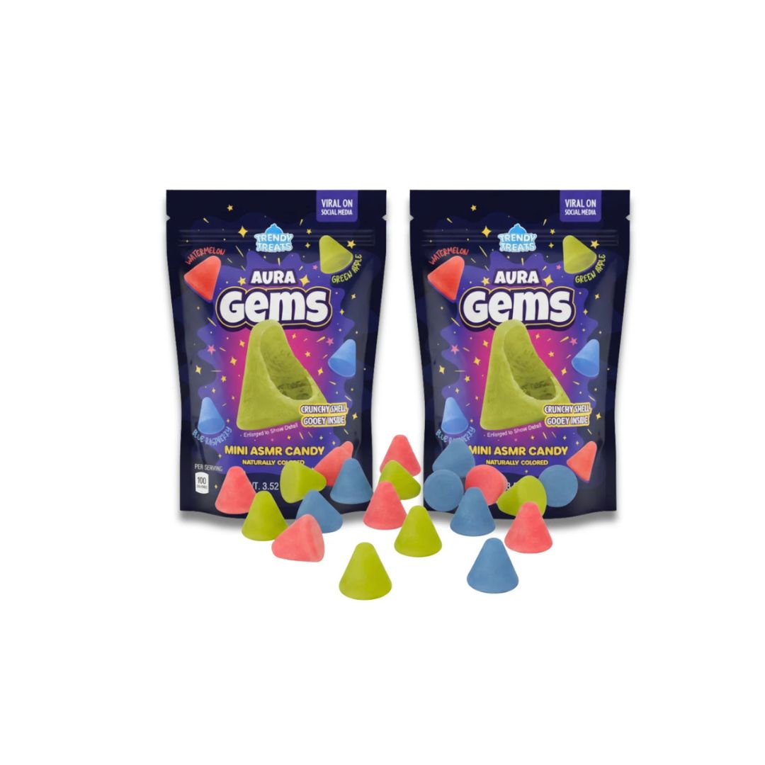 Two “Aura Gems” candy bags displayed with colorful cone-shaped candies in front, shown on a white background.