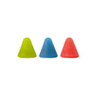 Three cone-shaped candies in green, blue, and red, displayed side by side on a white background.
