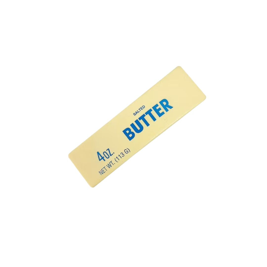 A rectangular stick labeled “Salted Butter, 4 oz (113 g)” shown on a white background.