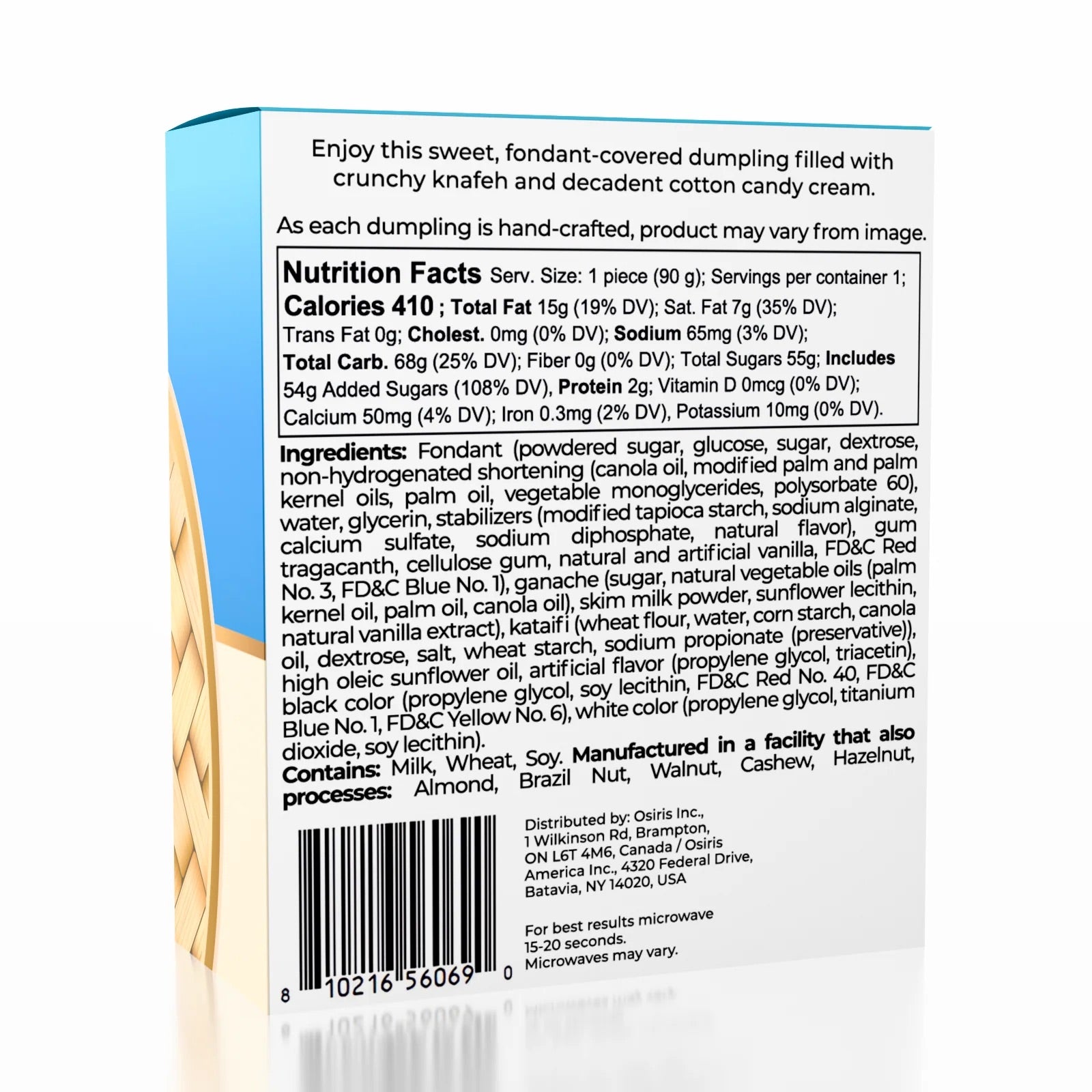 Back side of chewy dumpling packaged product showing a large Nutrition Facts panel, ingredients list, barcode, and partial product imagery on the left and right edges against a white background.