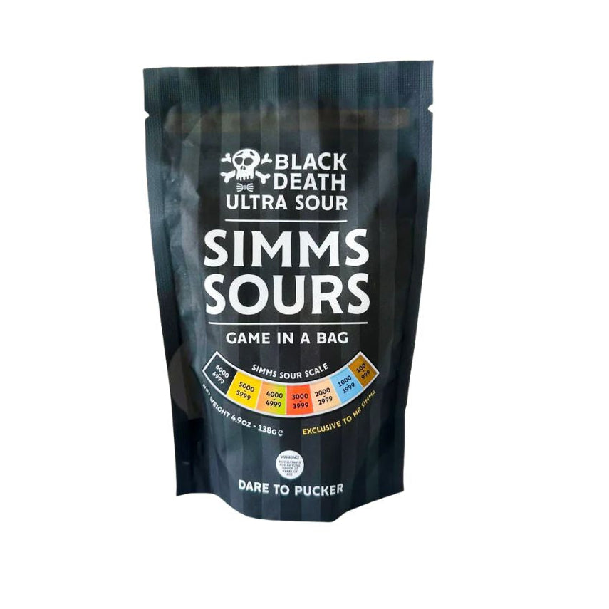 Black packaging of Mr. Simms Sours Game in A Bag with branding on a white background