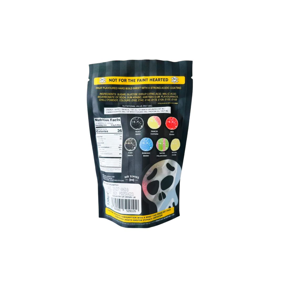 Black packaging with colorful labels and text on a white background