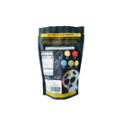 Black packaging with colorful labels and text on a white background