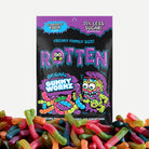 Packaging of Rotten Original Gummy Worms with colorful gummy worms in front