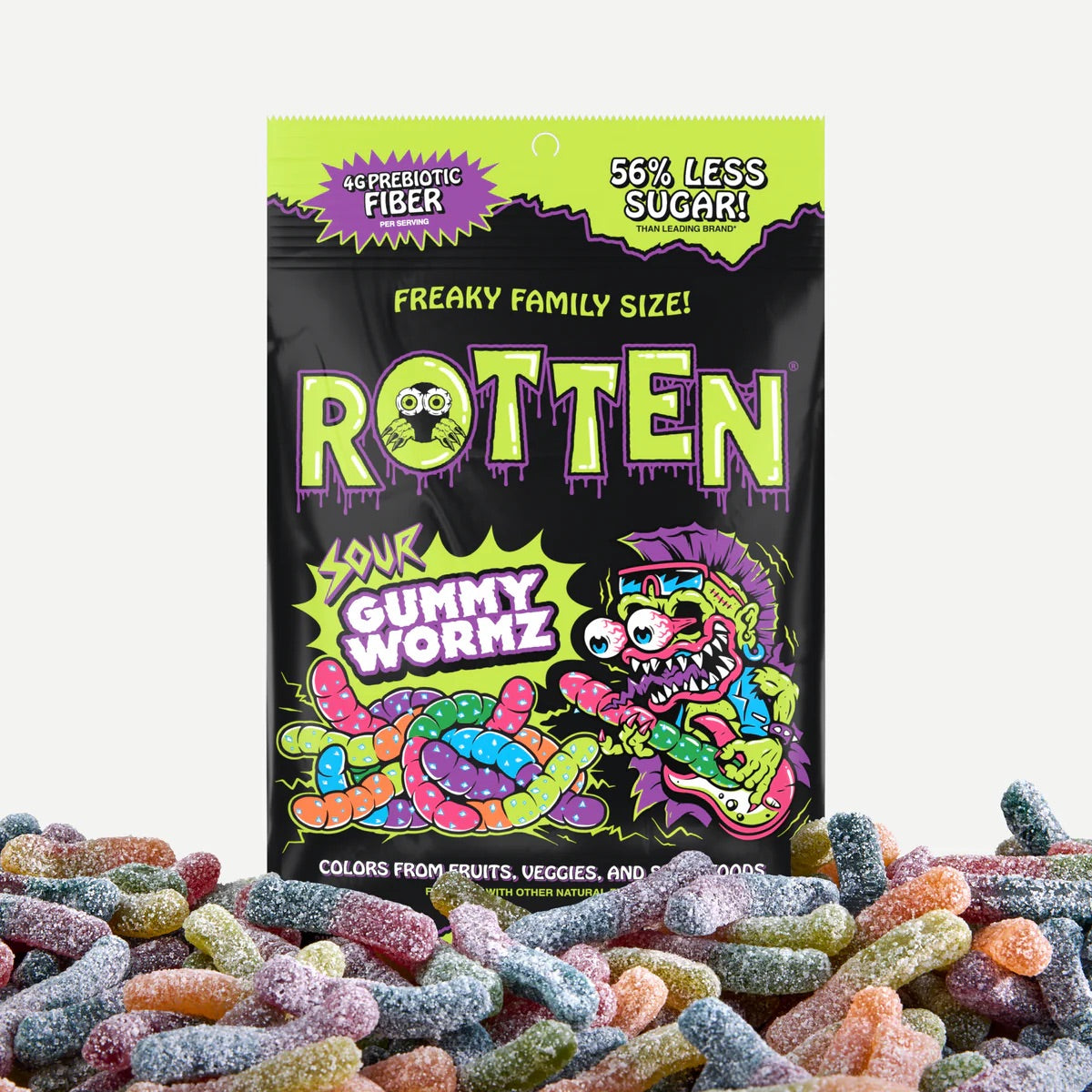 Packaging of Rotten Sour Gummy Worms with gummy worms in front
