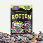Packaging of Rotten Sour Gummy Worms with gummy worms in front