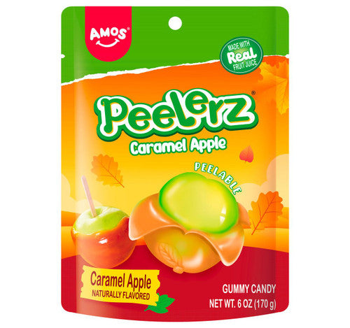 A 6 oz bag of Amos Peelerz Caramel Apple gummy candy, featuring a bright orange and yellow design with illustrations of a peeled apple and the brand logo.