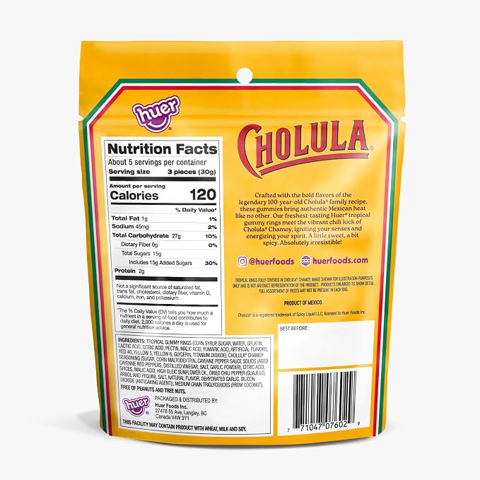 Back view of a yellow bag of Cholula Chamoy tropical gummy rings, showing the nutrition facts panel, ingredients, and barcode on a white background.