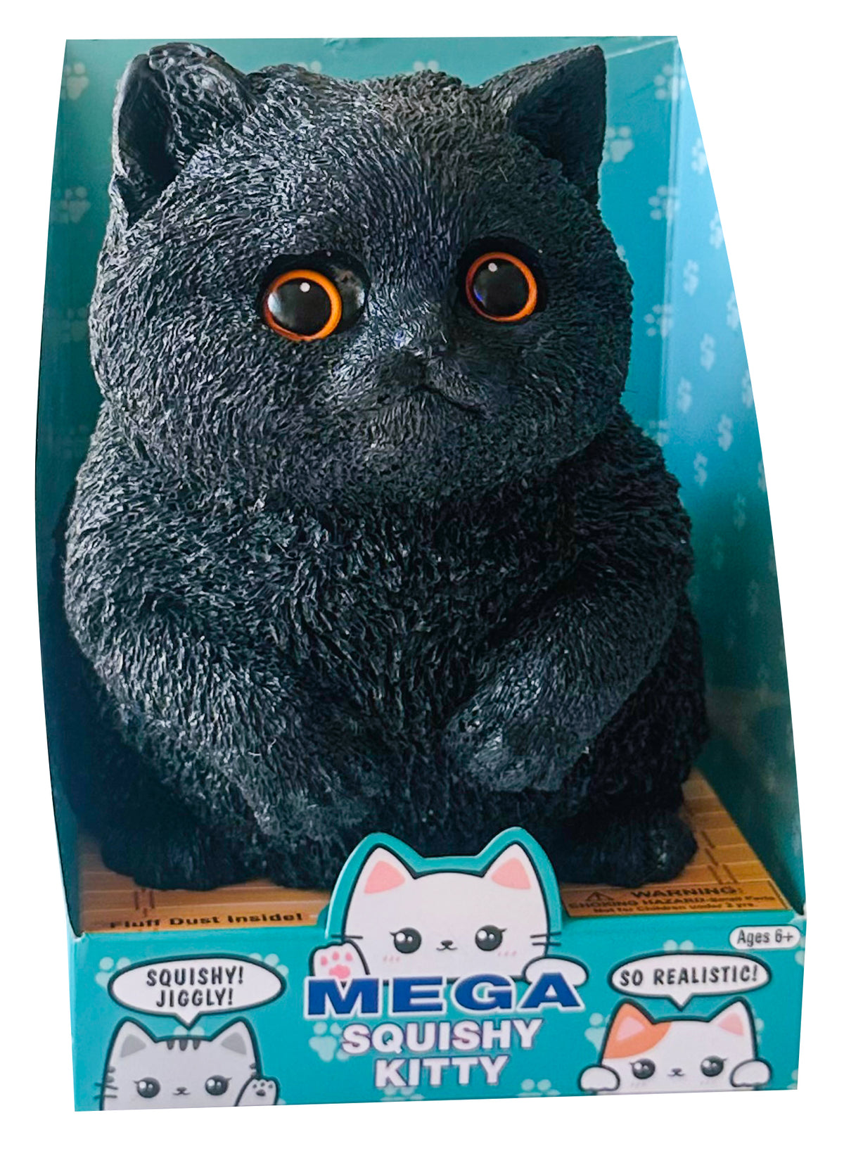 A black squishy kitten toy in its retail packaging, featuring large orange eyes and a textured fur-like surface. The box is teal with cartoon cat illustrations and text including 'MEGA SQUISHY KITTY'.
