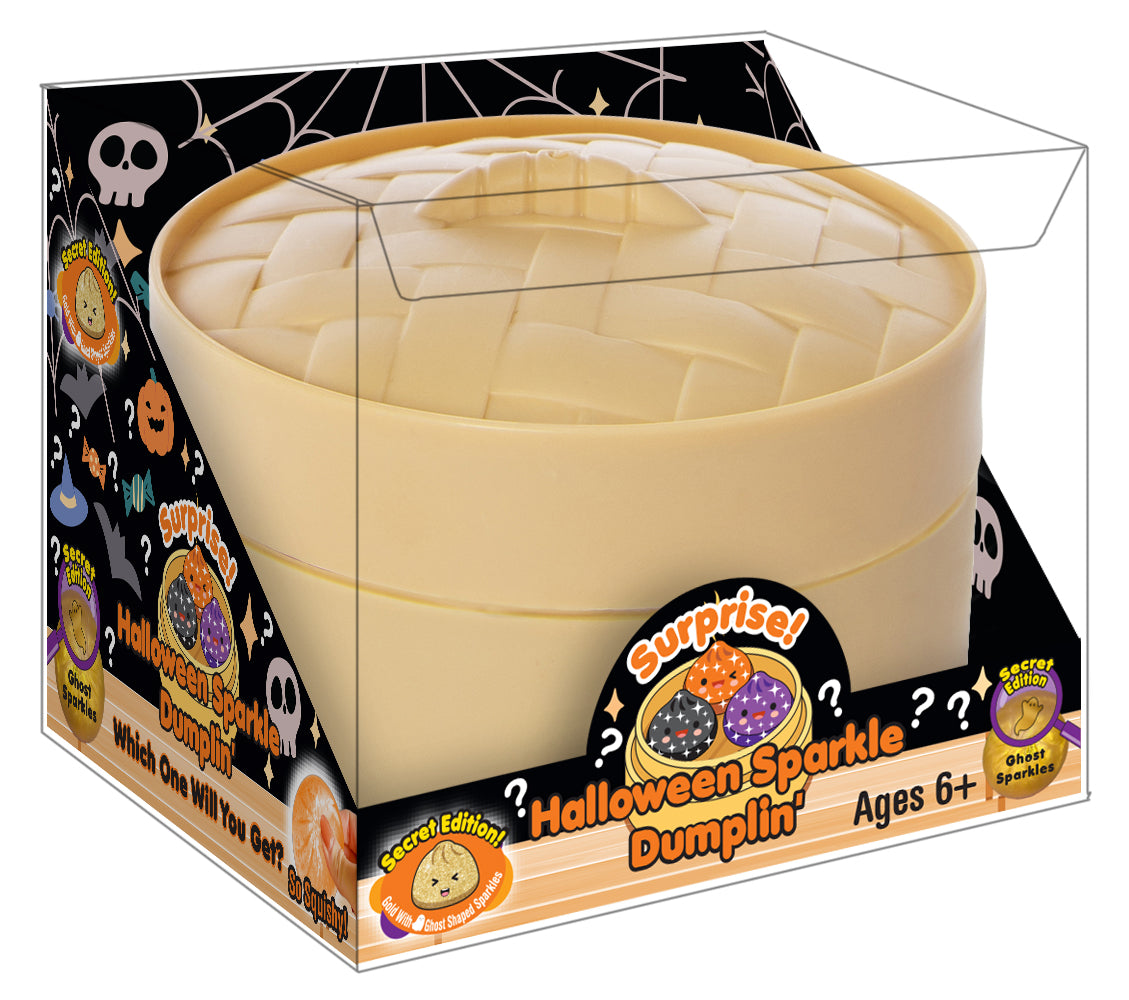 Halloween-themed squishy dumpling product packaging with a 'Surprise! Halloween Sparkle Dumplin' ' design.