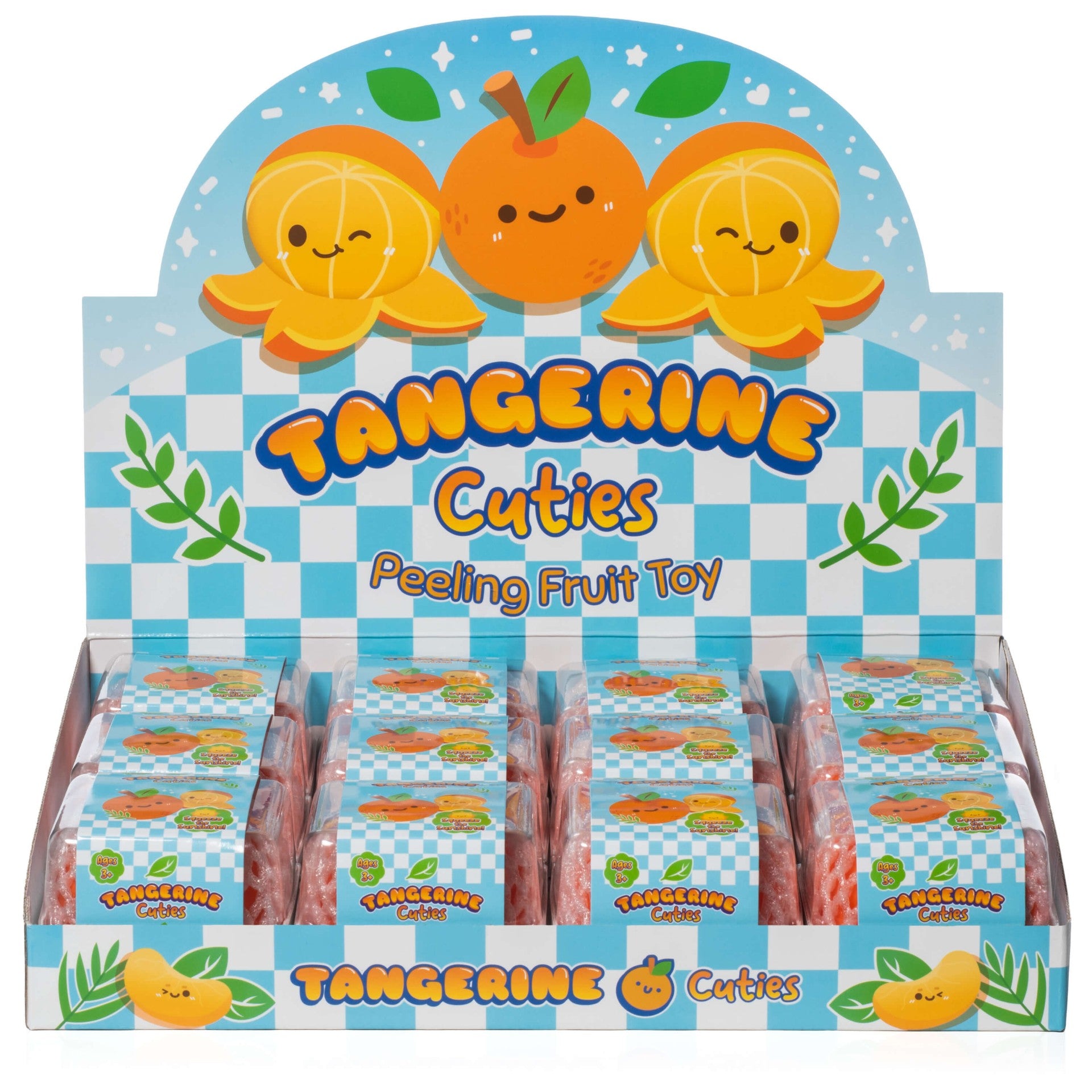 Retail display box of ‘Tangerine Cuties’ peeling fruit toys with individually packaged orange‑shaped toys