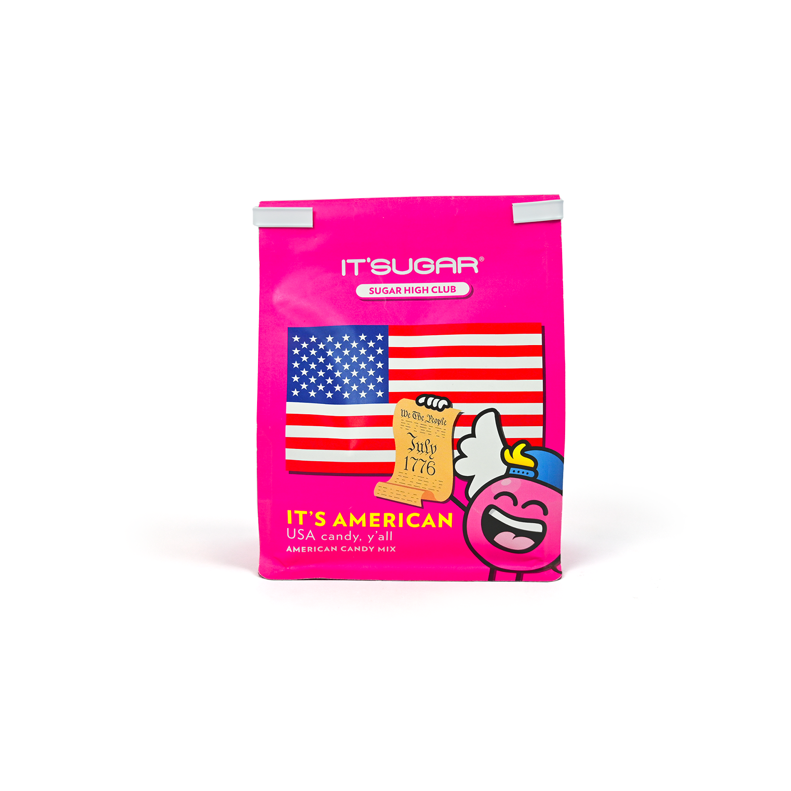 Bright pink IT’SUGAR “IT’S American” candy mix bag featuring an American flag graphic and cartoon illustration, displayed upright on a white background.