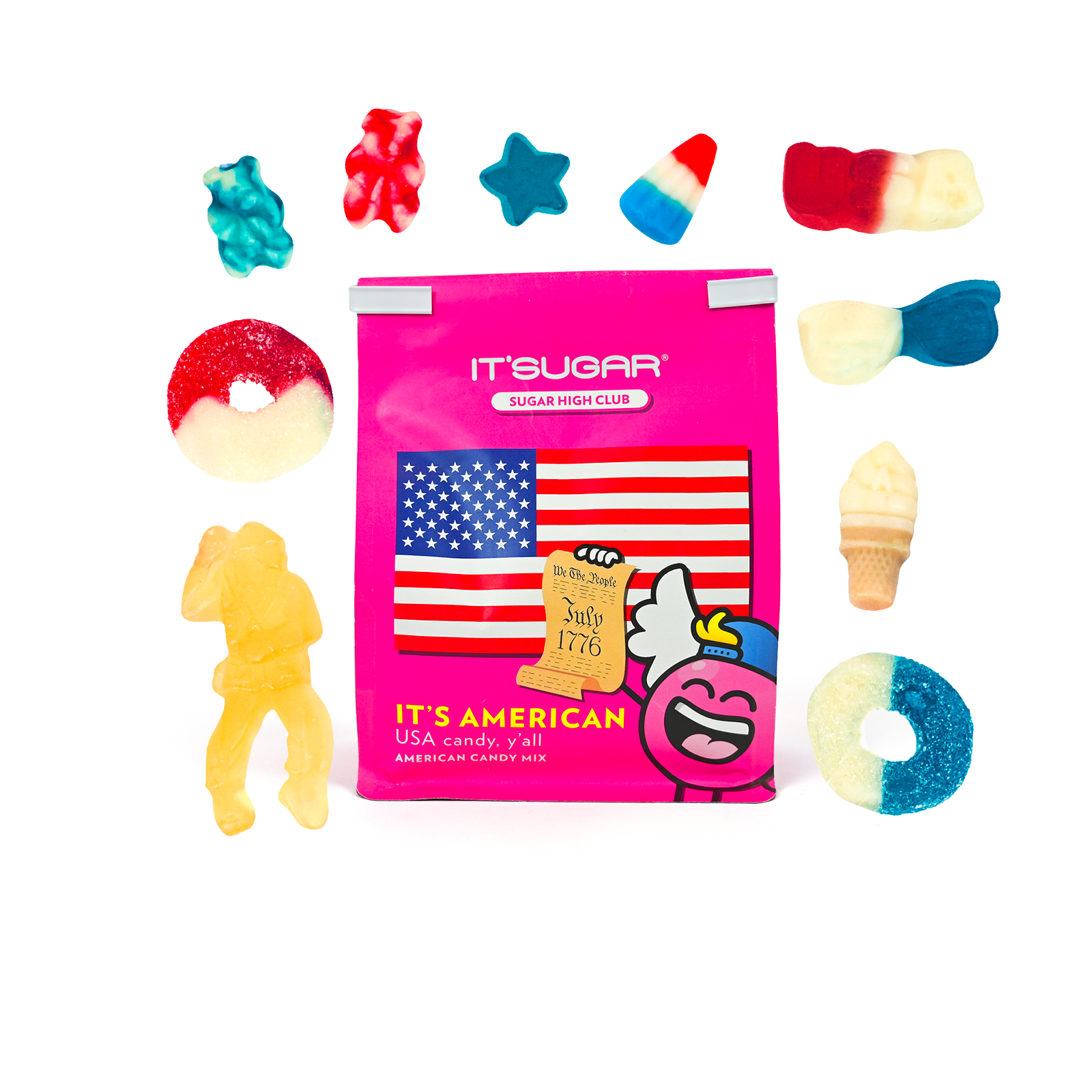 Bright pink IT’SUGAR “IT’S American” candy mix bag centered on a white background, surrounded by various red, white, blue, and multicolored gummy candies.