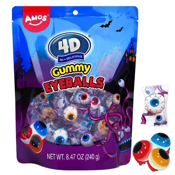 Package of 4D Gummy Eyeballs with Halloween-themed design on a white background