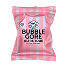 Pink and white striped packaging of Bubble Gore Ultra Sour with a skull and crossbones logo on a white background.