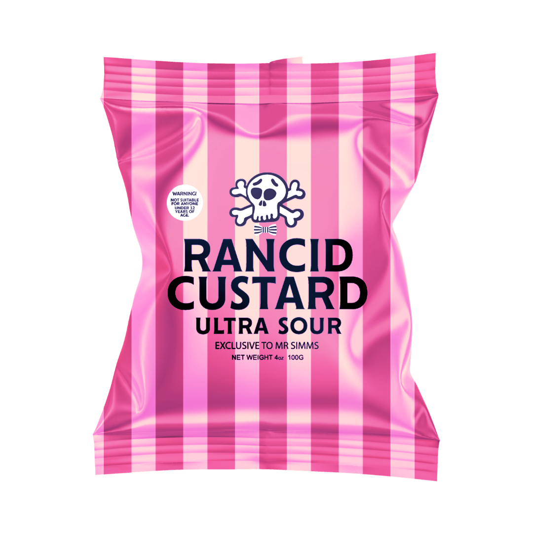 Pink striped packet of 'Rancid Custard Ultra Sour' with a skull and crossbones logo on a white background.