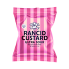 Pink striped packet of 'Rancid Custard Ultra Sour' with a skull and crossbones logo on a white background.