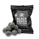 A black resealable pouch labeled 'BLACK DEATH ULTRA SOUR' with a skull-and-crossbones logo, shown on a white background with several dark sugar-coated round candies placed in front.