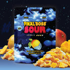 Packaging of 'Final Boss Sour' blue raspberry mango bites with colorful design on a dark background.