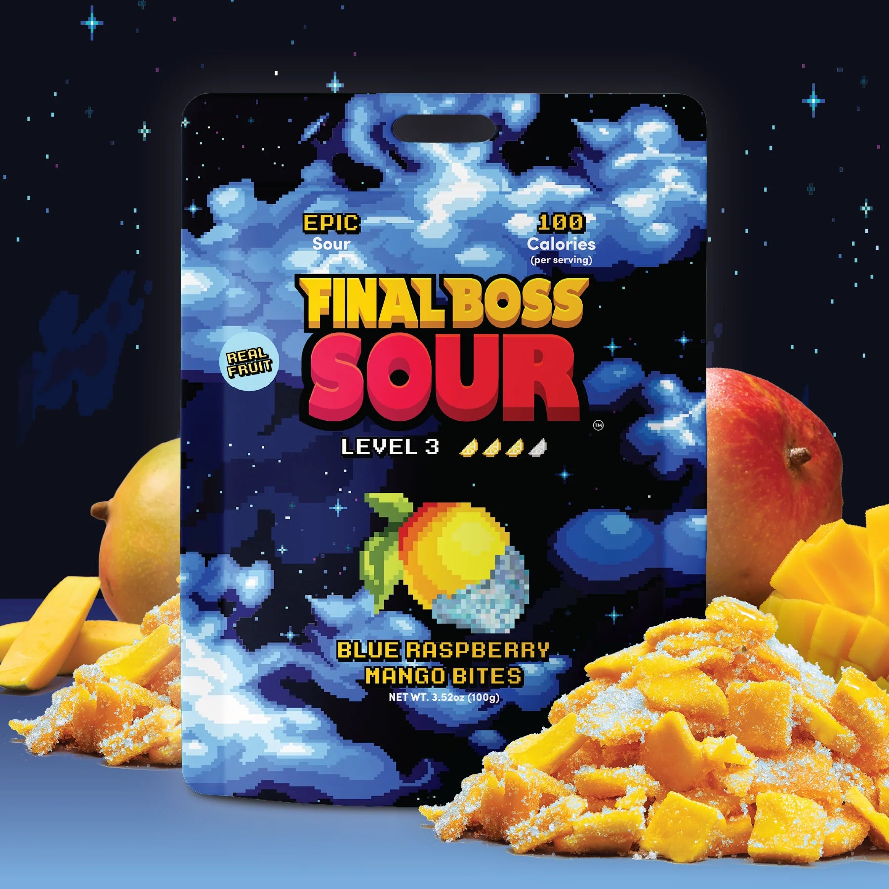 Packaging of 'Final Boss Sour' blue raspberry mango bites with colorful design on a dark background.