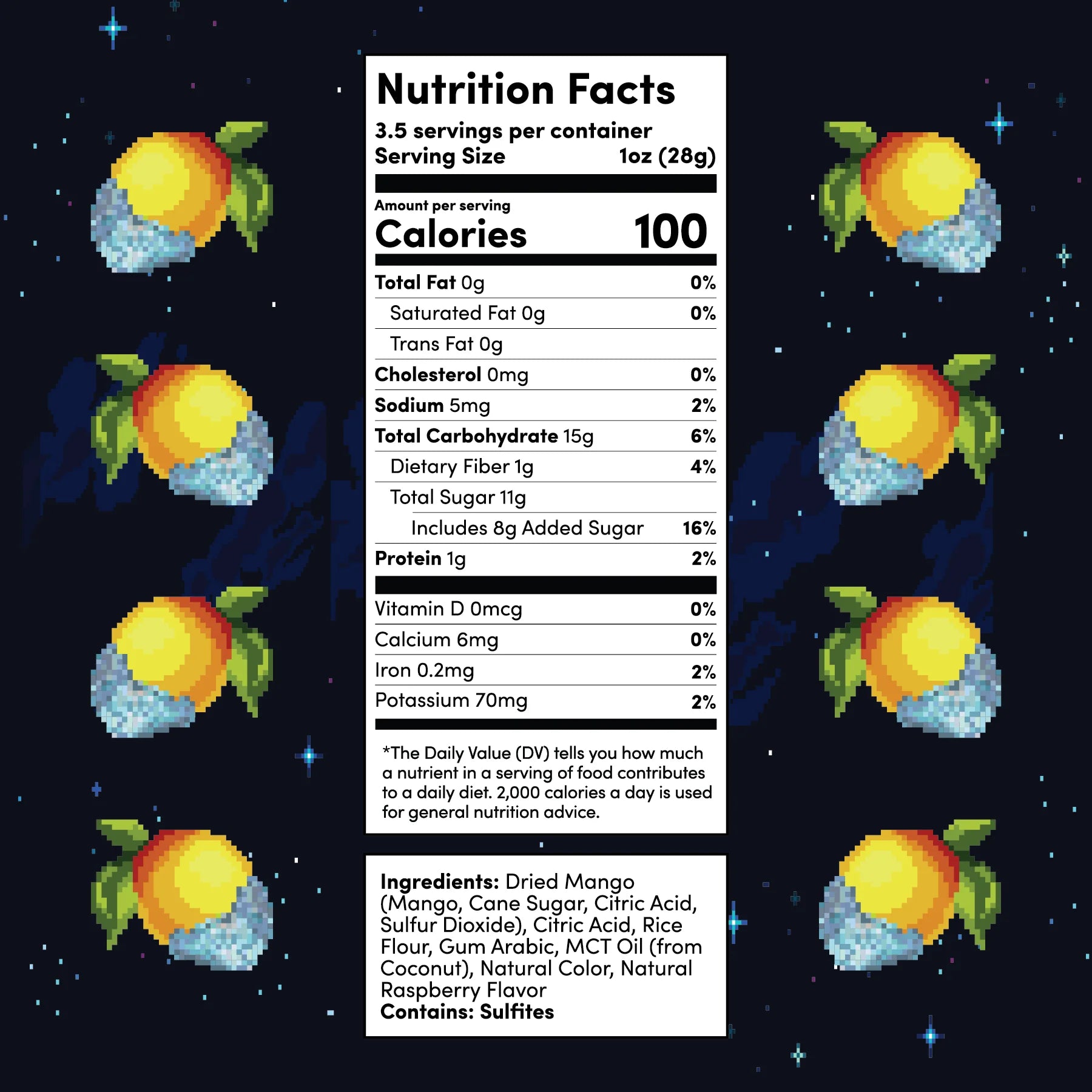 A stylized nutrition facts label centered on a dark starry background, surrounded by pixel-art mangoes. The label shows calories, nutrients, and ingredients text for dried mango flavor.