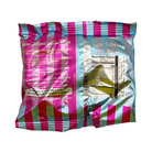 A crinkled foil bag of Mr Simms Bubble Gore Ultra Sour candy, showing the back of the packaging with pink and teal diagonal stripes, white text, and a nutrition facts label on a white background.