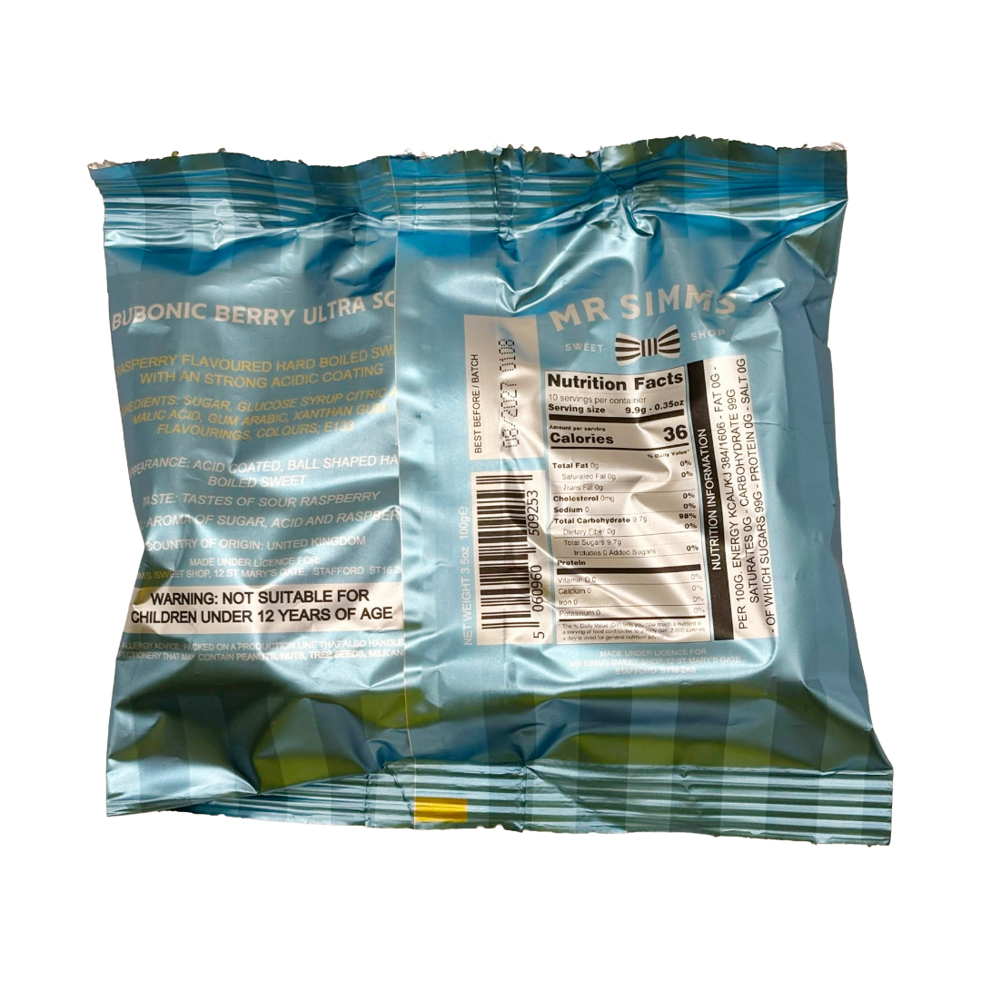 The back of a Mr. Simms Bubonic berry ultra sours bag, showing the nutrition facts panel, barcode, and product details on a white background.