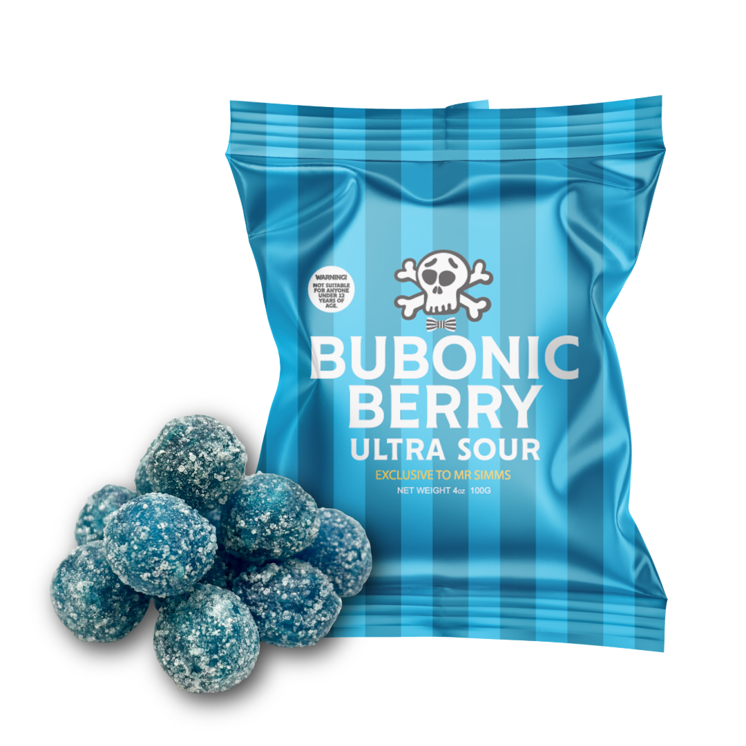 A blue striped bag of 'The Bubonic Berry Ultra Sour' candy with a pile of blue, sugar-coated sour candies in the foreground, set against a plain white background.