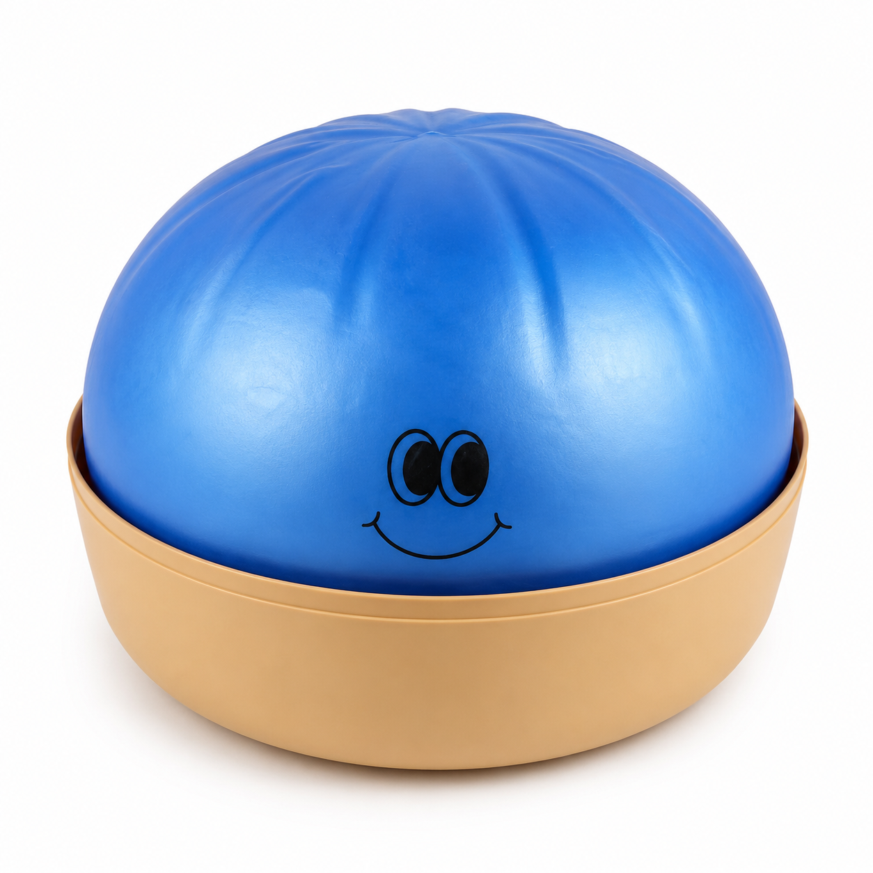 A blue squishy dumpling toy with a black cartoon face, resting inside a beige plastic base on a white background.