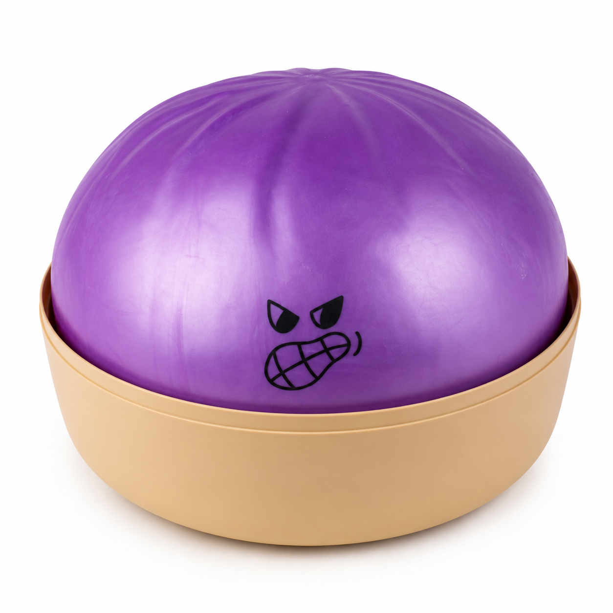 A purple squishy dumpling toy with a black angry face graphic, resting inside a beige plastic container on a white background.