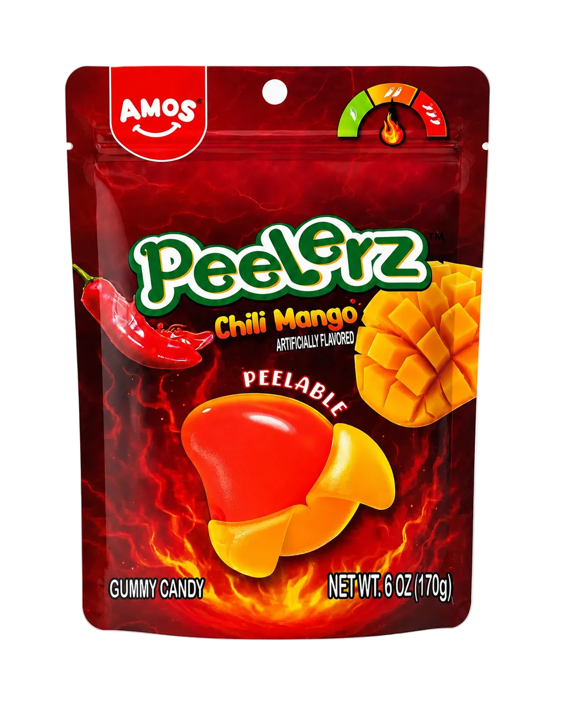 A 6 oz stand-up pouch of Amos Peelerz Chili Mango gummy candy, featuring a fiery red and orange design with illustrations of a chili pepper, mango, and a peeled red and yellow gummy.